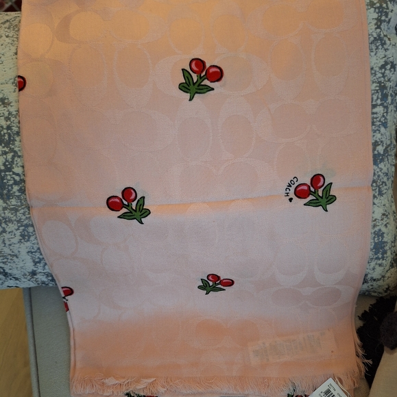 NWT Coach Women Signature Cherries Print Wrap Scarf Wool & Silk Blush Pink $175 - Picture 4 of 5